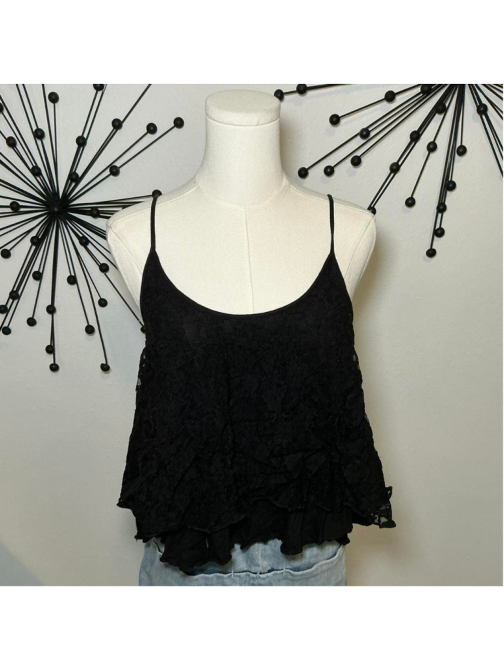 Express Black Lace Ruffle Crop Tank Top XS Y2K Sheer Cami